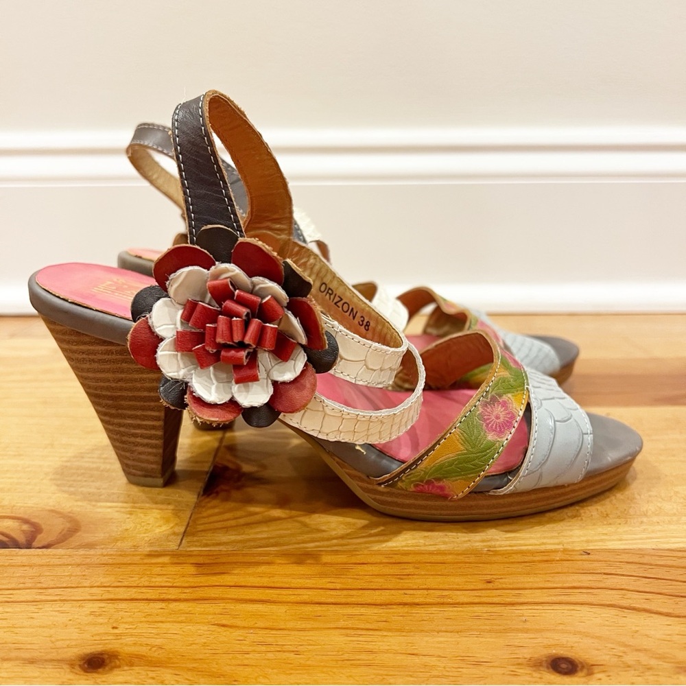 L Artiste Orizon Slingback Sandals 38 7.5 Colorful Floral Spring Step Boho Artsy